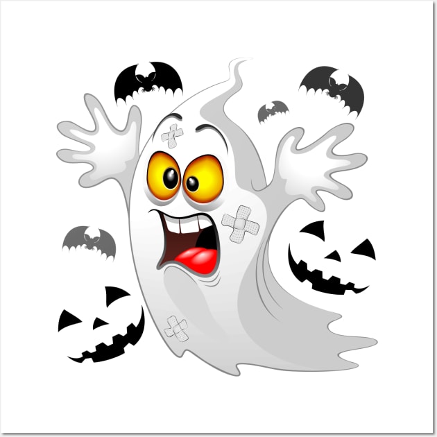 Ghost Funny Halloween Character Scared by Pumpkins and Bats Wall Art by BluedarkArt